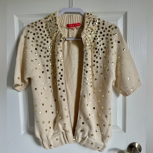 Y2K MANOUSCH CREAM WOOL BLEND EMBELLISHED OVERSIZED ZIP CARDIGAN - Picture 3 of 9